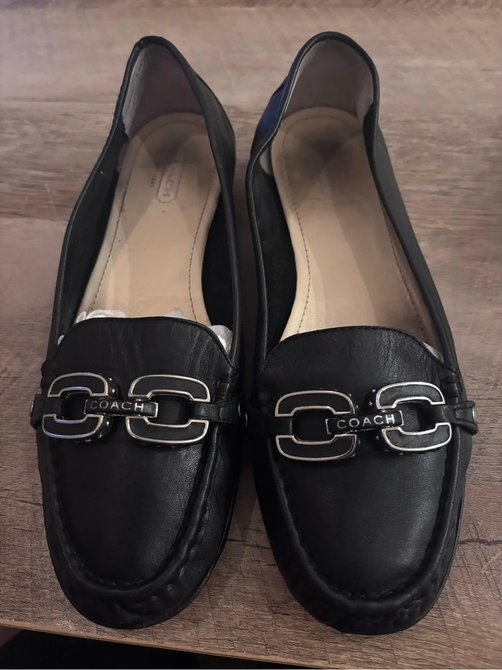 Coach Black Leather Driving Moc Loafers Women’s Size 9 Silver Logo
